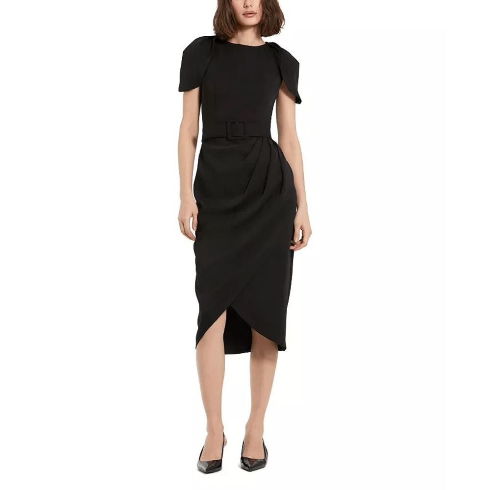 Mac Duggal Black Crepe Boat Neck Midi Tulip Dress With Belt in Black US 12 $298